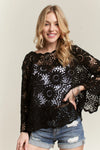 ADORA Bell Sleeve Crochet Top in black lace with floral patterns