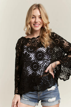 ADORA Bell Sleeve Crochet Top in black lace with floral patterns