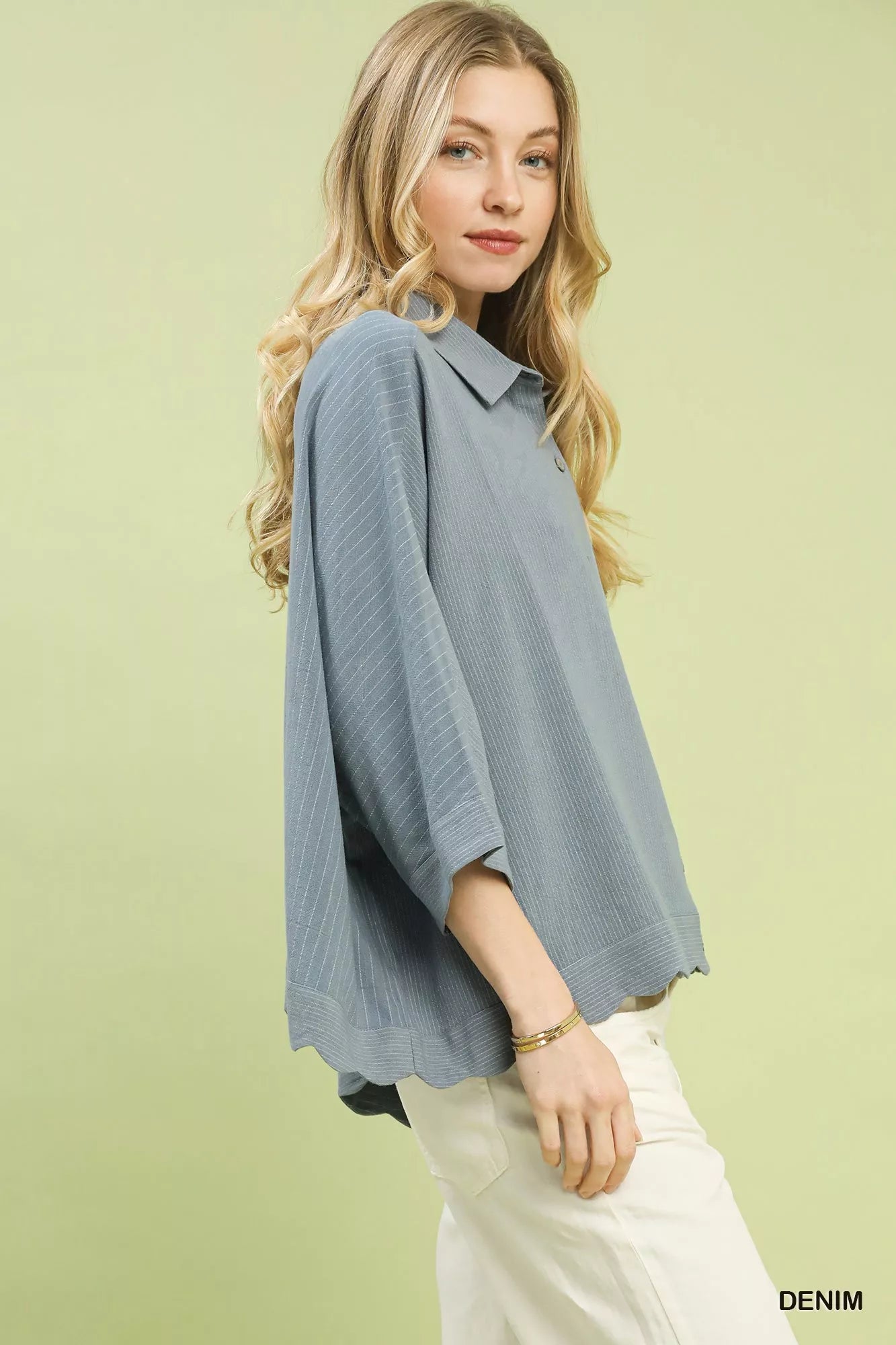 Light blue ribbed cotton Umgee oversized striped button-down blouse