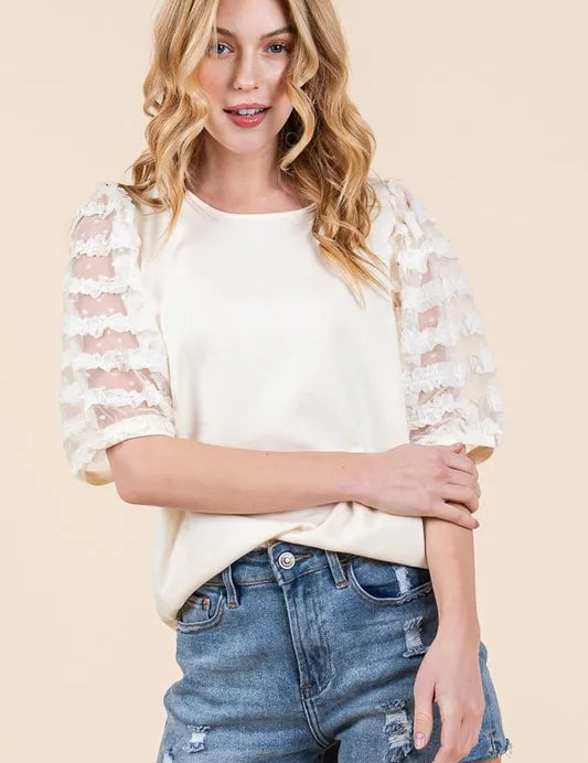 Lime 'N' Chili Full Size Lace Puff Sleeve Round Neck Top Plus Size | Tops Daverri Fashions