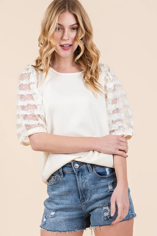 Lime 'N' Chili Full Size Lace Puff Sleeve Round Neck Top Plus Size | Tops Daverri Fashions
