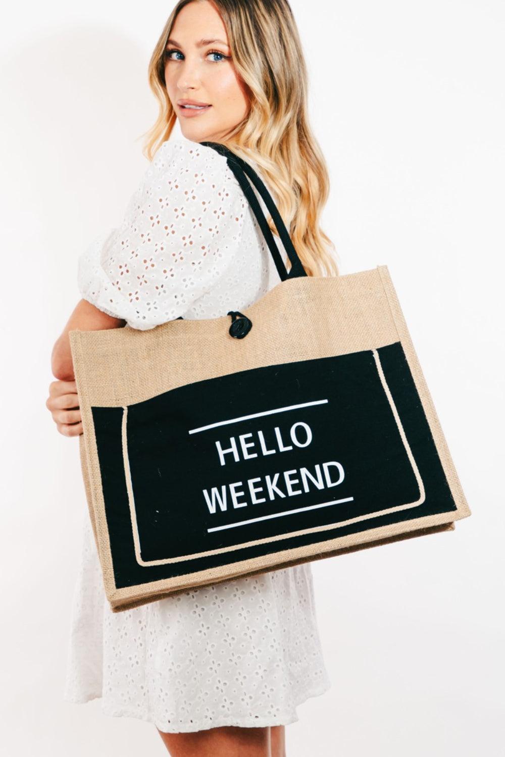 Hello Weekend Burlap Tote Bag Handbags