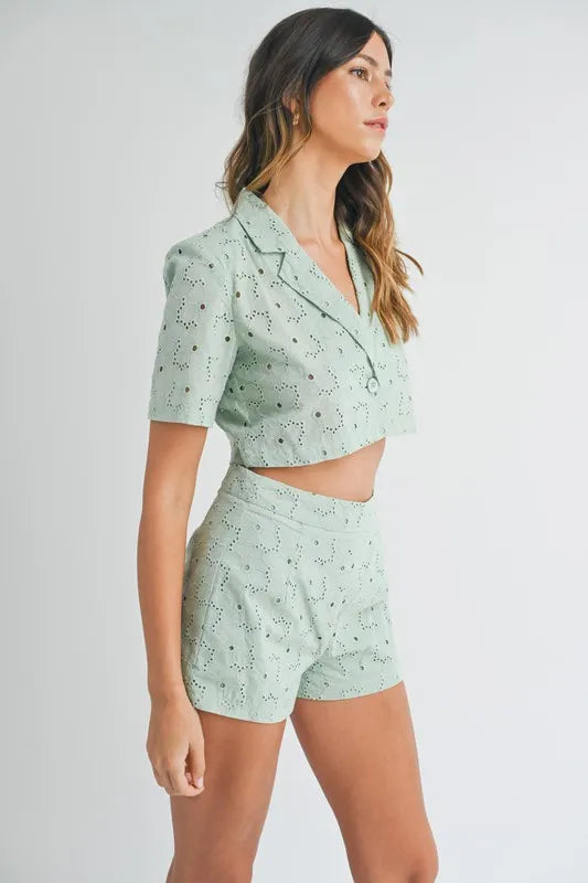 MABLE Eyelet Short Sleeve Crop Top and Shorts Set Outfit Sets