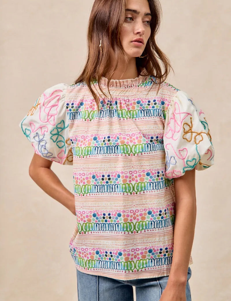 BiBi Ruffle Neckline Blouse With Embroidery Bubble Sleeve | Daverri Fashions