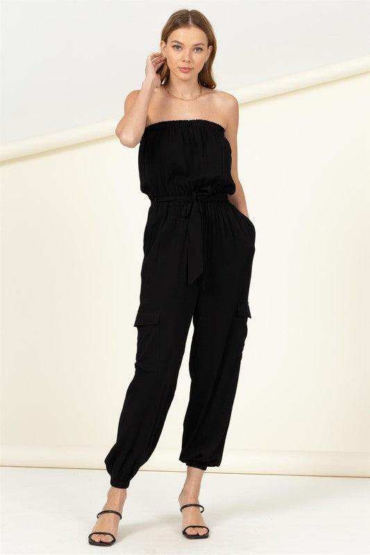 Flap Side Pockets Belted Tube Jumpsuit Jumpsuits