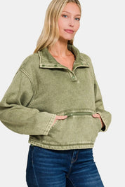 Zenana Acid Wash Fleece Half Snap Sweatshirt with Pocket Lt Olive | Daverri Fashions
