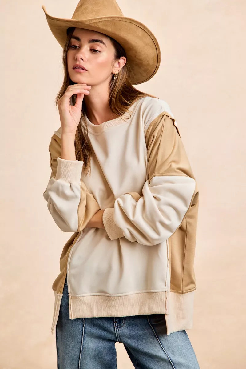 BiBi French terry color block top in beige and tan with relaxed fit