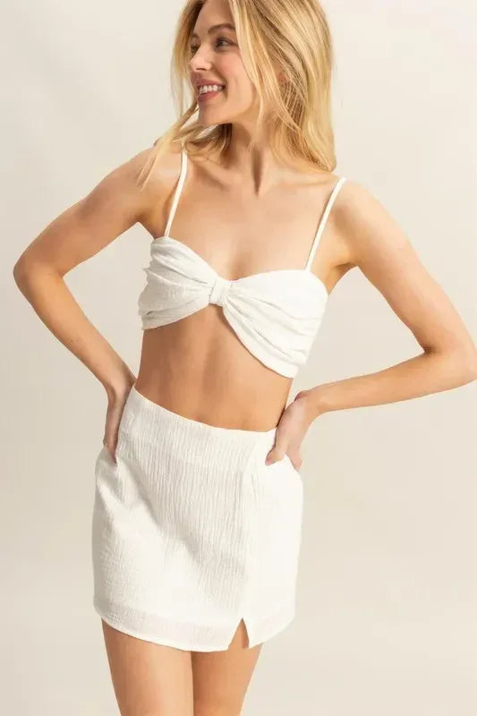 HYFVE Off White Ruched Bra Top and Mini Skirt Set - DAVERRI FASHIONS