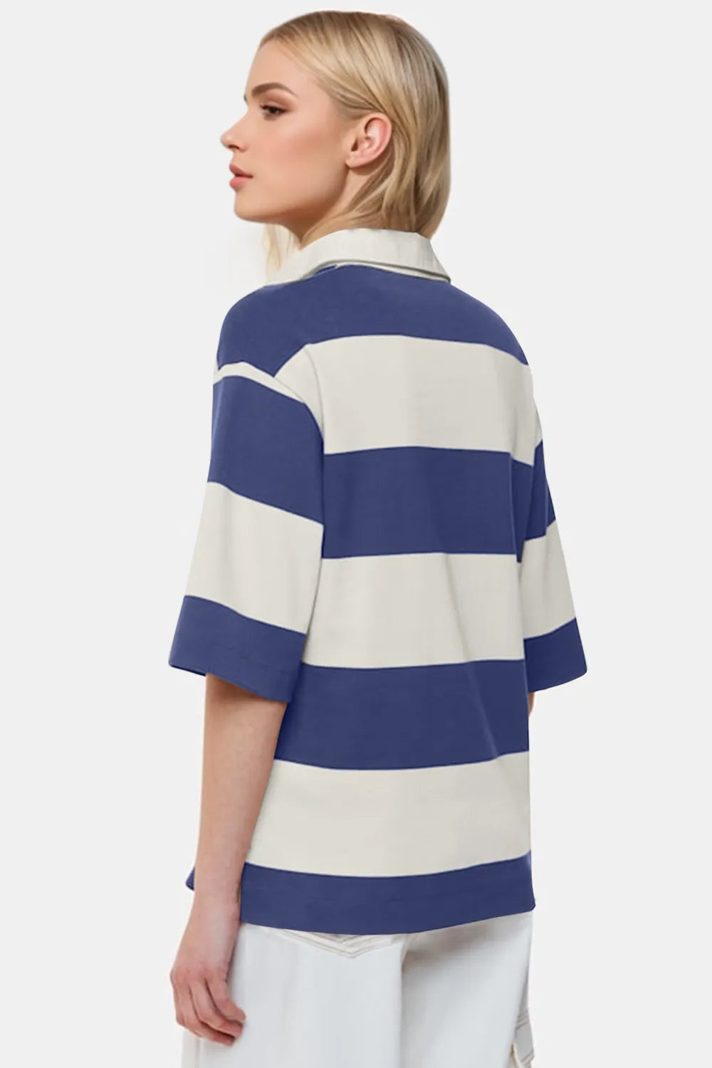 Daverri Pima cotton navy and off-white striped johnny collar top