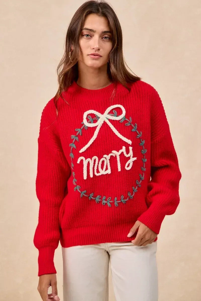 BiBi Christmas Wreath Merry Letter Knit Top - DAVERRI FASHIONS