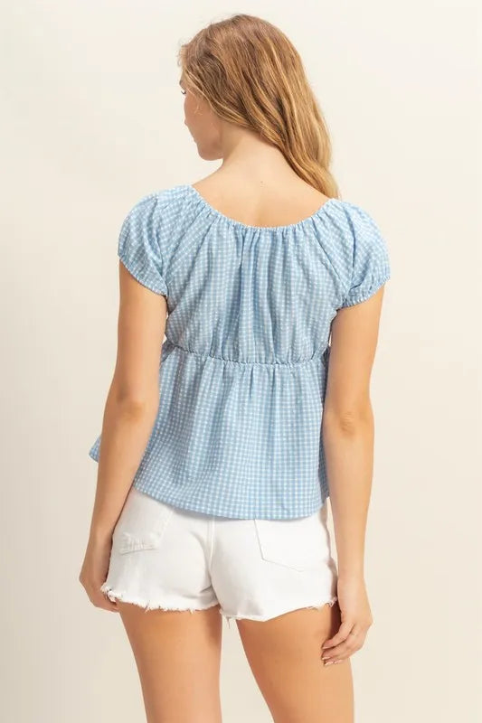 HYFVE Gingham Scoop Neck Cap Sleeve Blouse