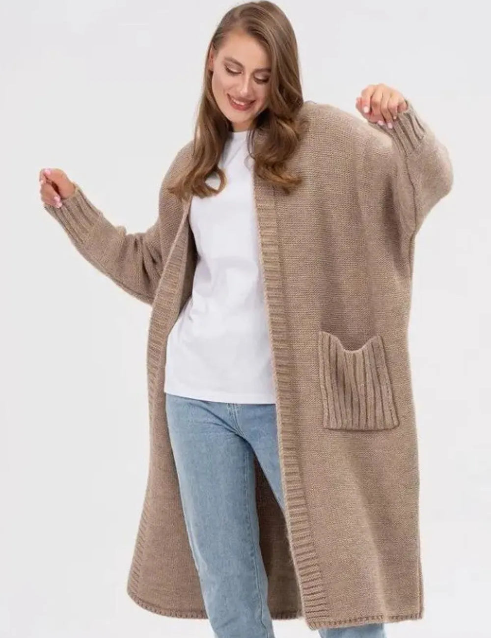 Pocketed Open Front Long Sleeve Longline Cardigan | Cardigans Daverri Fashions