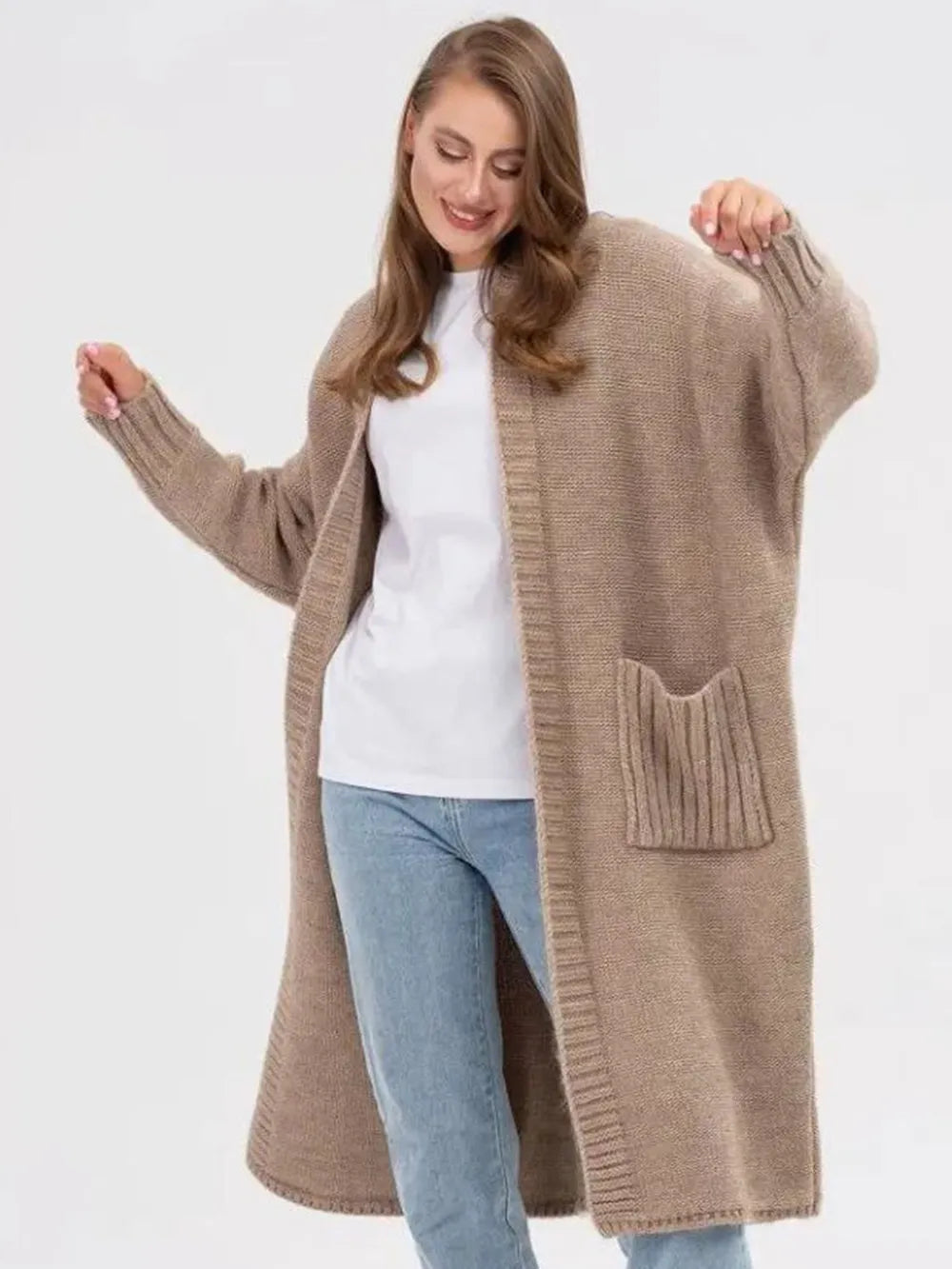 Pocketed Open Front Long Sleeve Longline Cardigan | Cardigans Daverri Fashions