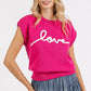 Mittoshop Contrast Letter Round Neck Cap Sleeve Knit Top Hot Pink