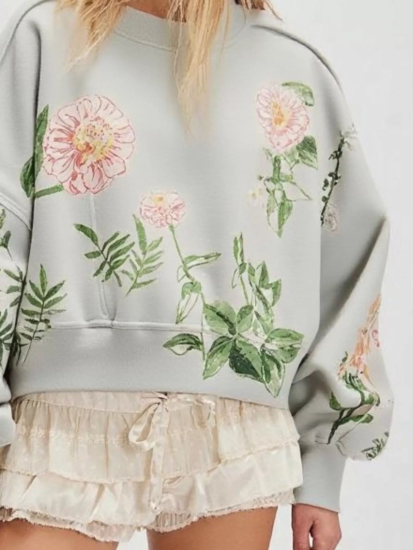 Printed Round Neck Dropped Shoulder Sweatshirt | Sweatshirts Daverri Fashions