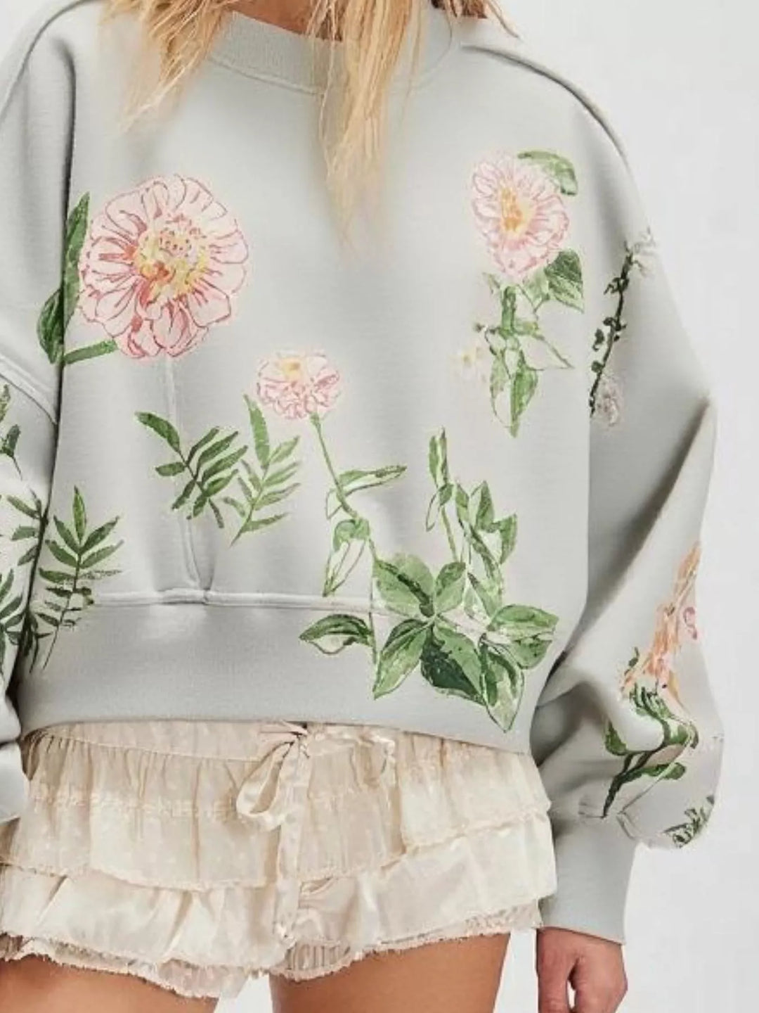 Printed Round Neck Dropped Shoulder Sweatshirt | Sweatshirts Daverri Fashions
