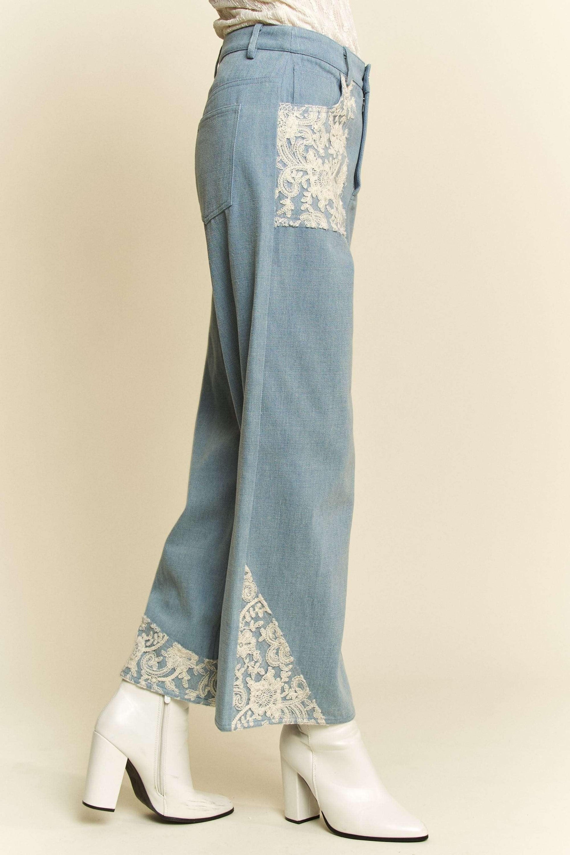 Davi & Dani Lace Applique Wide Leg Jeans - DAVERRI FASHIONS