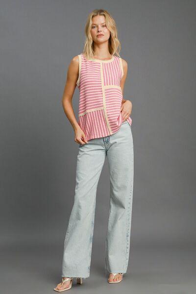 Umgee Round Neck Texture Striped Tank Pink - DAVERRI FASHIONS