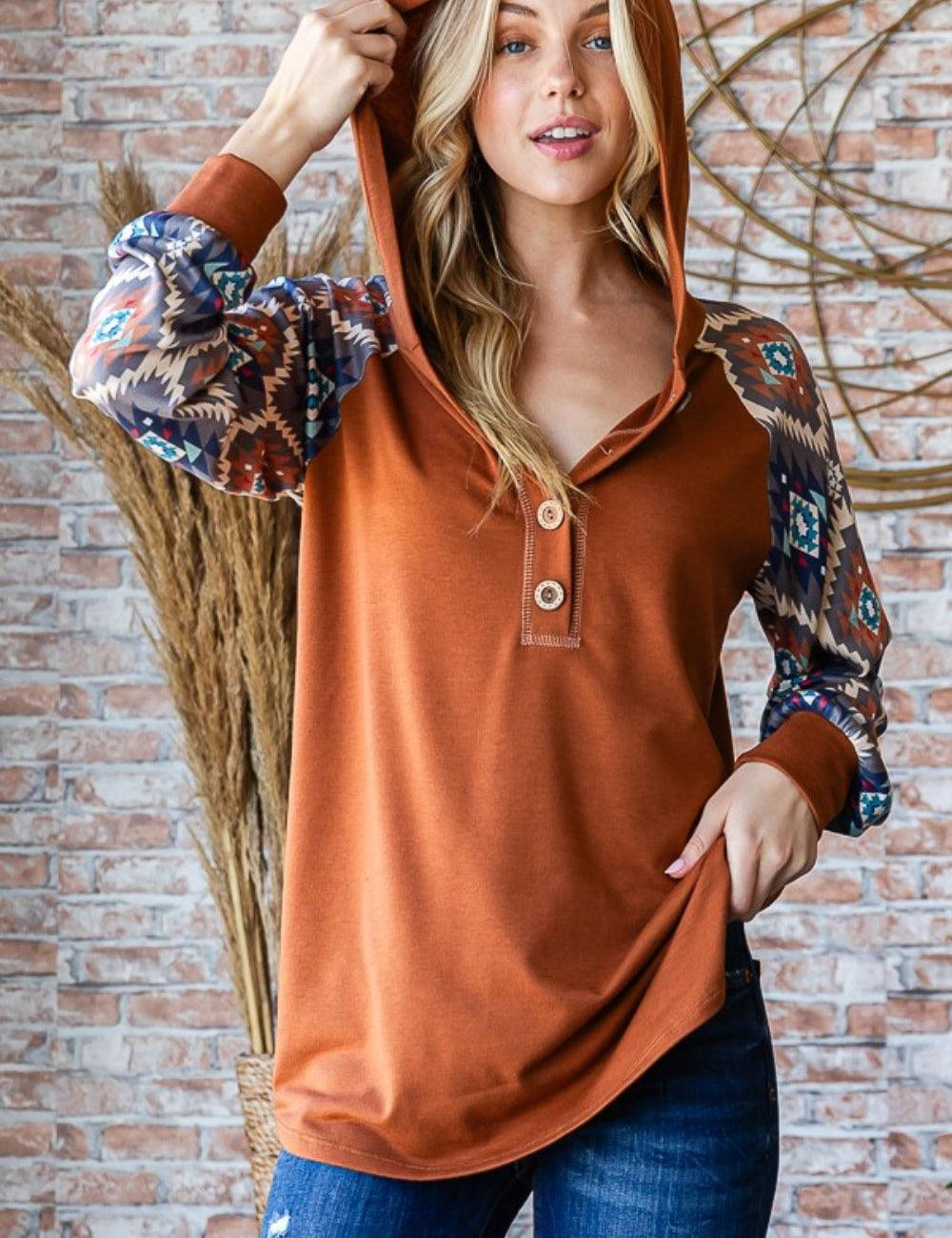 Mocha Brown Heimish Full Size Half Button Printed Long Sleeve Hooded Top | Tops Daverri Fashions