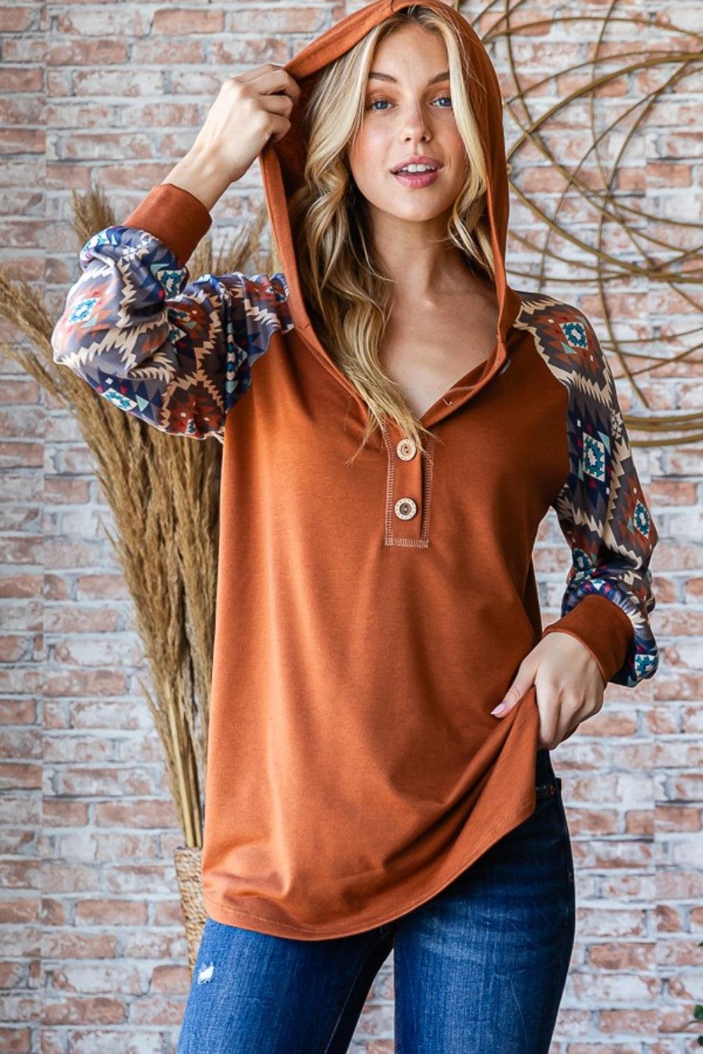Mocha Brown Heimish Full Size Half Button Printed Long Sleeve Hooded Top | Tops Daverri Fashions
