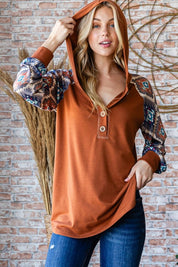 Mocha Brown Heimish Full Size Half Button Printed Long Sleeve Hooded Top | Tops Daverri Fashions