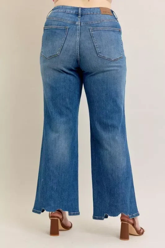 Judy Blue Full Size High Waist Tummy Control Chew Hem Destroy Wide Jeans Plus Size - DAVERRI FASHIONS