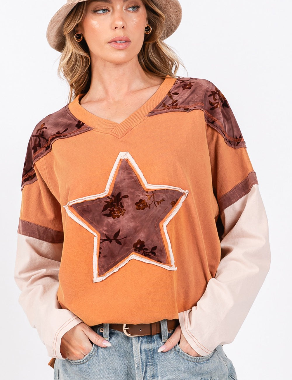 SAGE + FIG Star Patch Long Sleeve Color Block T-Shirt Rust