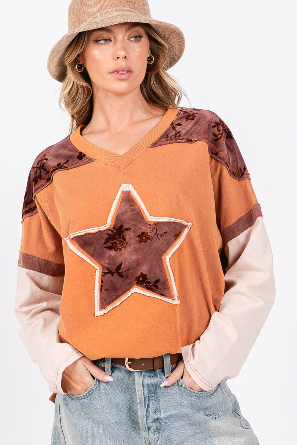 SAGE + FIG Star Patch Long Sleeve Color Block T-Shirt Rust M