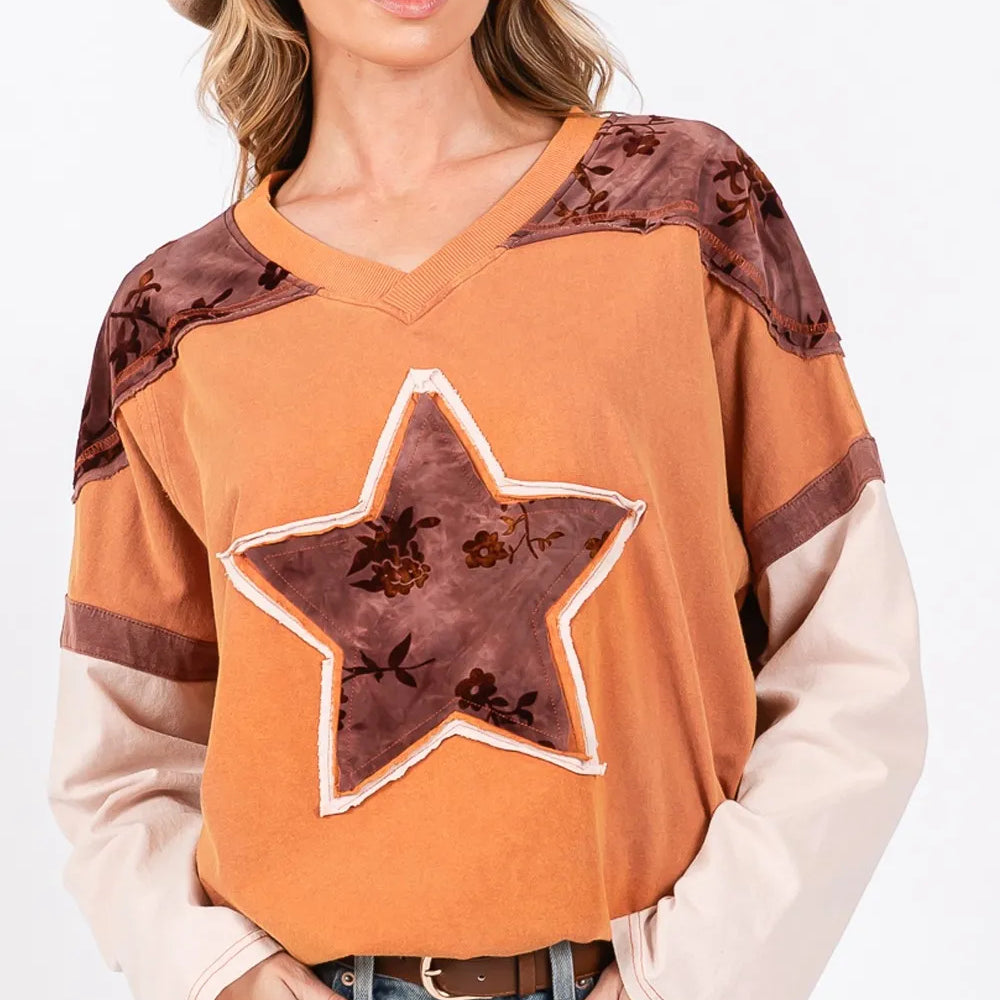 Rust M SAGE + FIG Star Patch Long Sleeve Color Block T-Shirt | T-Shirts Daverri Fashions
