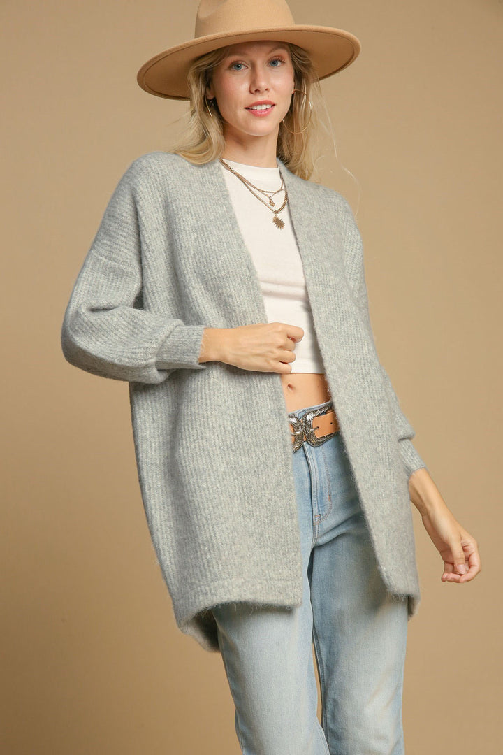 Umgee Wool Blend Open Front Lantern Sleeve Cardigan Light Gray Cardigans