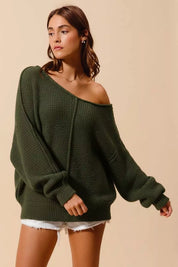 OLIVE SO ME Loose Fit Exposed Seam Slouchy Boucle Sweater Olive | Sweaters Daverri Fashions