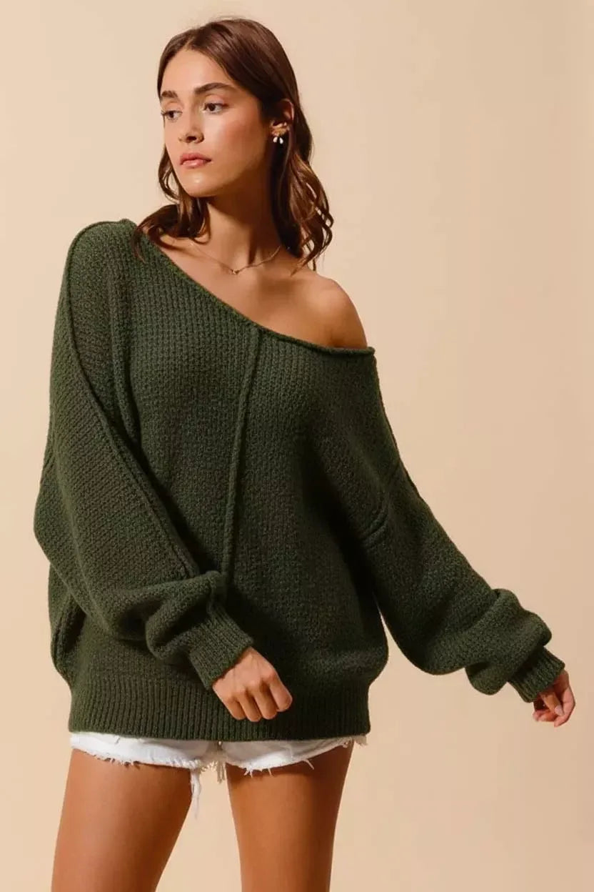 SO ME Loose Fit Exposed Seam Slouchy Boucle Sweater Olive - DAVERRI FASHIONS
