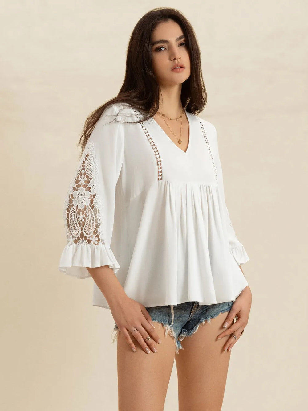 V-Neck Lace Flounce Sleeve Top | Blouses Daverri Fashions