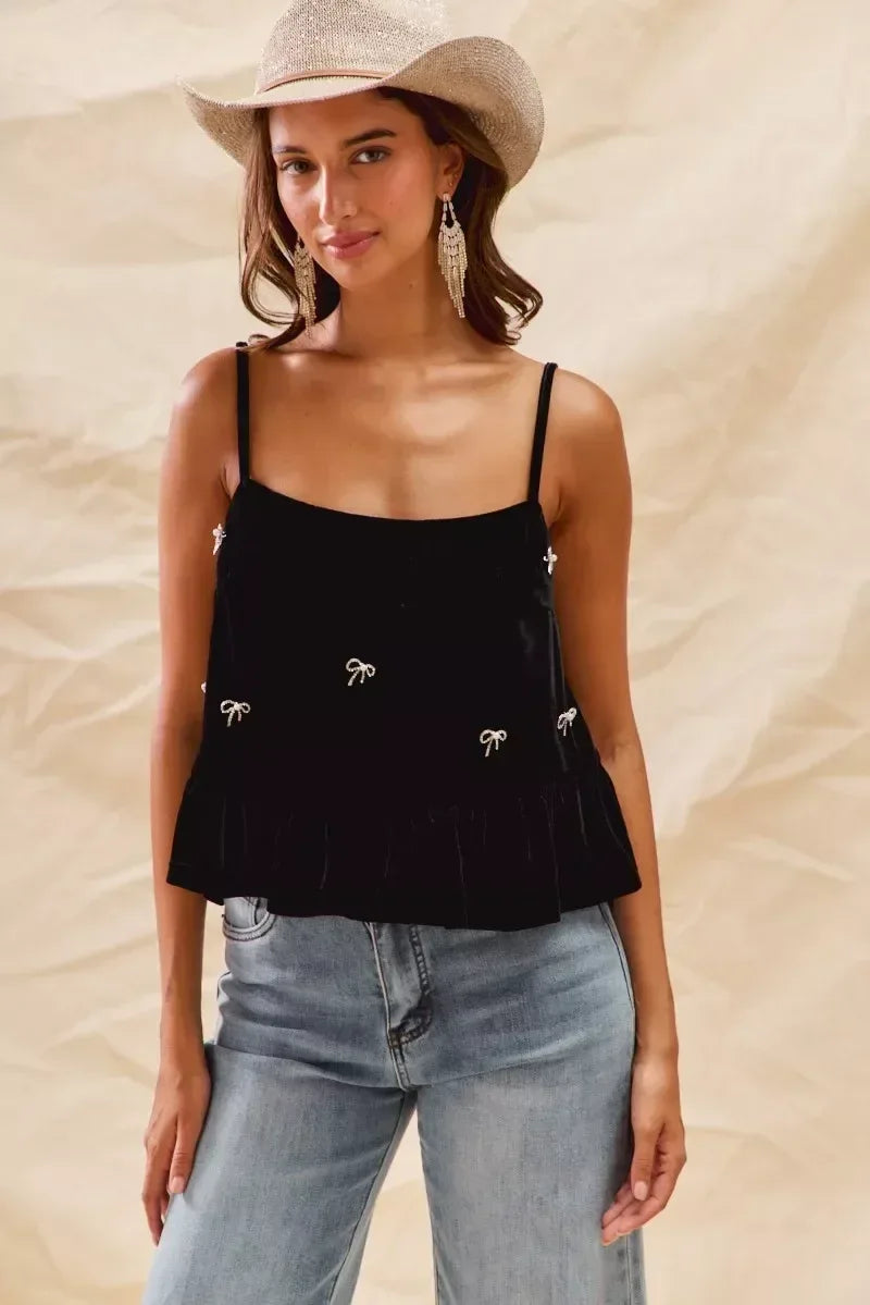 SO ME Holiday Velvet Ribbon Rhinestone Christmas Top - DAVERRI FASHIONS