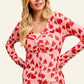 Pink long-sleeved BiBi button-down shirt with red heart mesh and ruched front