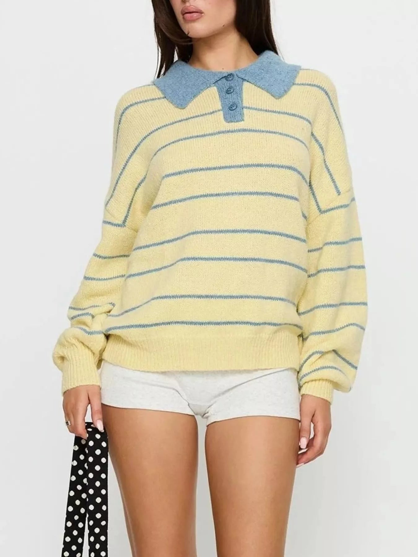 Yellow and blue striped womens long sleeve polo collar knit sweater