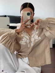 Daverri Fashions Embroidered Notched Long Sleeve Blouse - DAVERRI FASHIONS