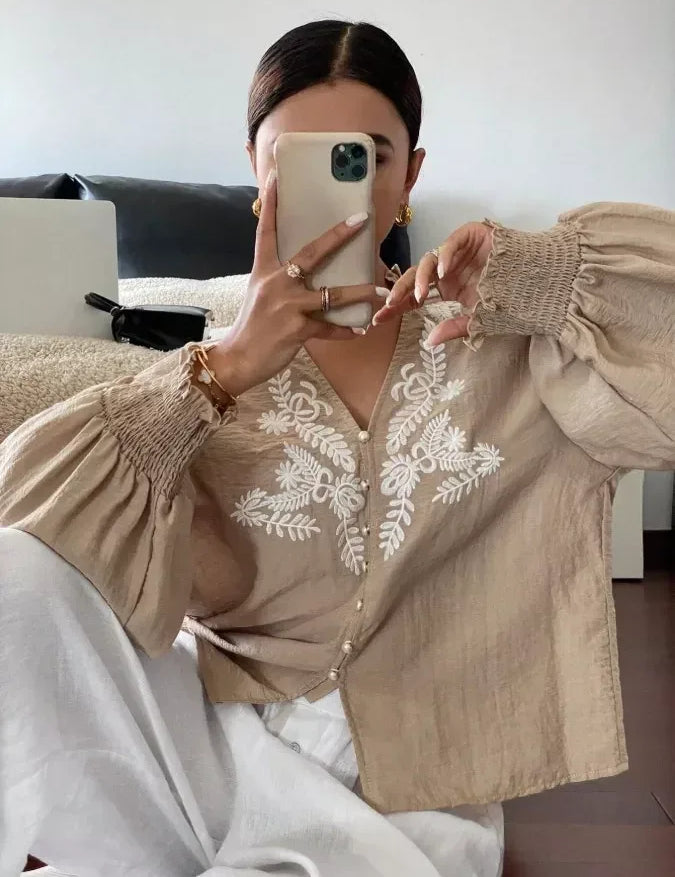 Daverri Fashions Embroidered Notched Long Sleeve Blouse - DAVERRI FASHIONS