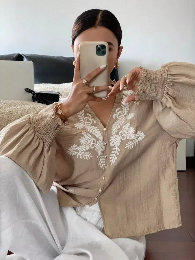 Daverri Fashions Embroidered Notched Long Sleeve Blouse - DAVERRI FASHIONS