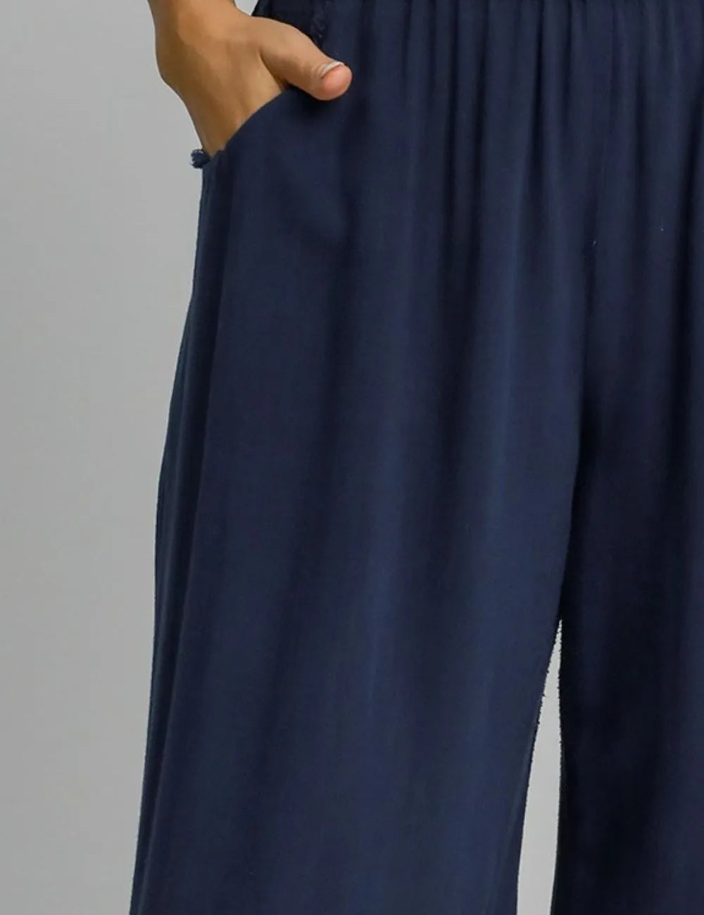 Umgee Dark Blue Linen Blend Elastic Waistband Wide Leg Pants | Pants Daverri Fashions