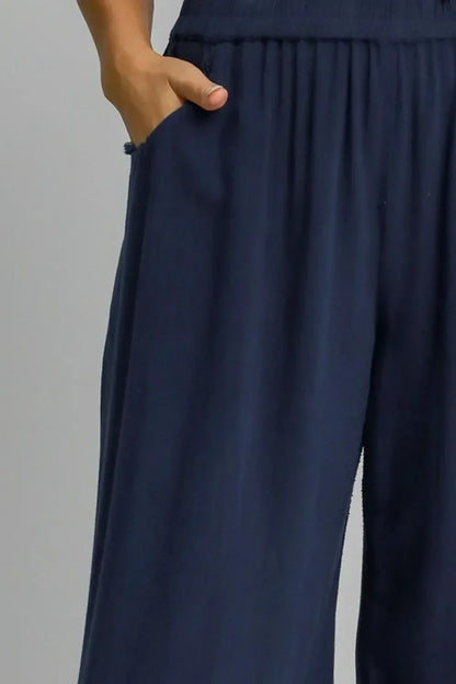 Umgee Dark Blue Linen Blend Elastic Waistband Wide Leg Pants - DAVERRI FASHIONS