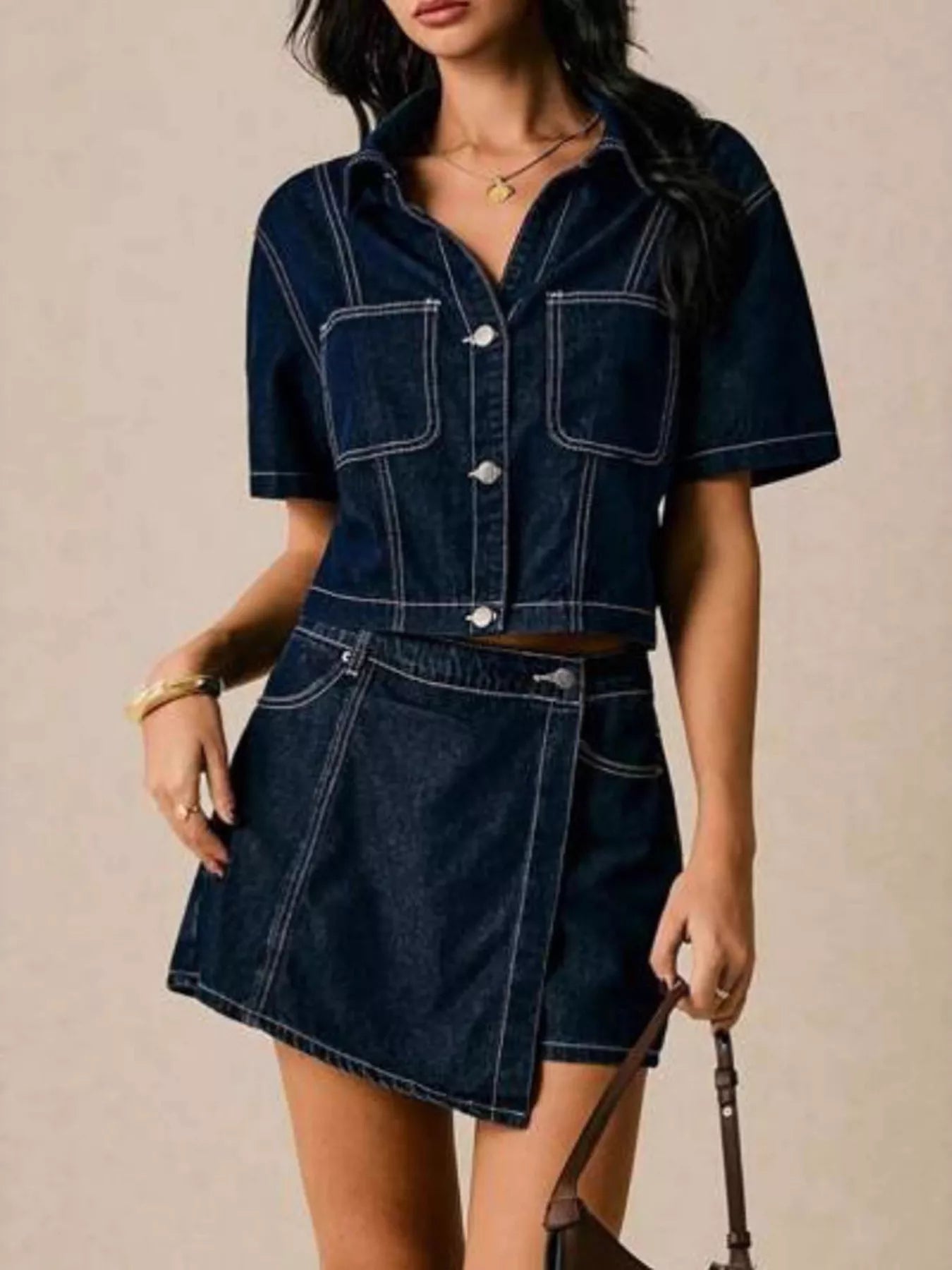 Dark blue denim short-sleeve button-up shirt from Button Up Short Sleeve Top and Skort Denim Set