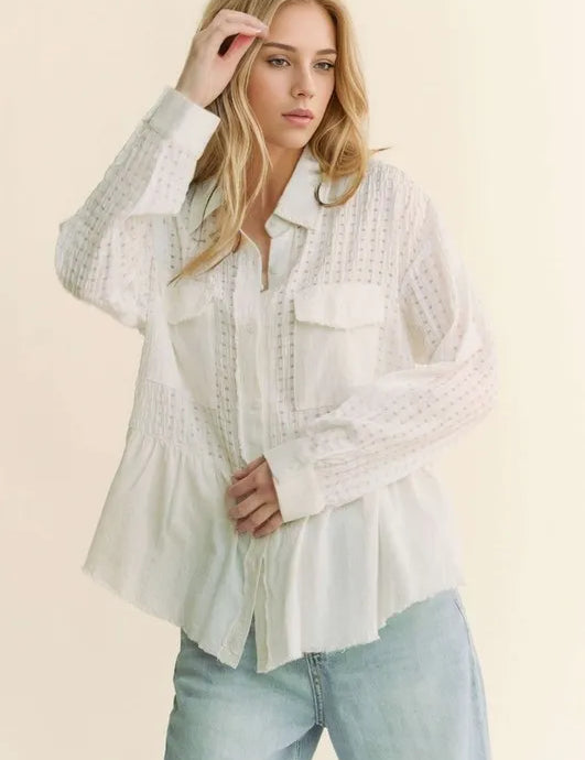 White Davi & Dani Garment Washed Jacquard Button Front Shirt | Shirts Daverri Fashions