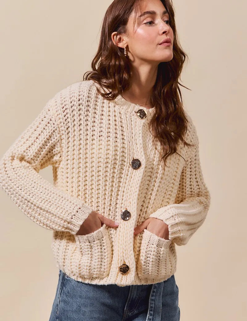 SO ME Metal Button Long Sleeve Chunky Sweater Cardigan | Sweaters Daverri Fashions