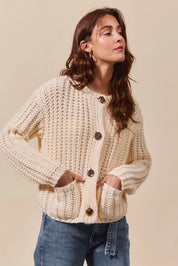 SO ME Metal Button Long Sleeve Chunky Sweater Cardigan | Sweaters Daverri Fashions