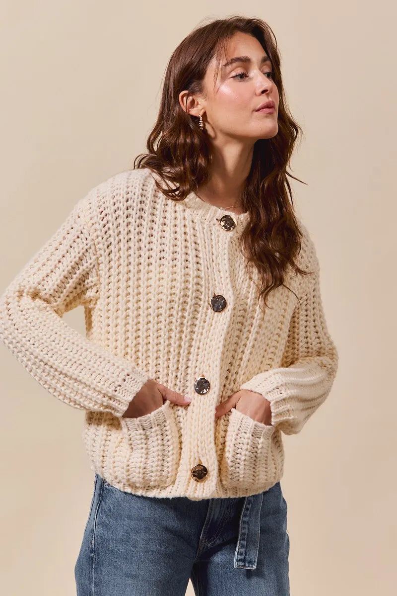 SO ME Metal Button Long Sleeve Chunky Sweater Cardigan Cardigans