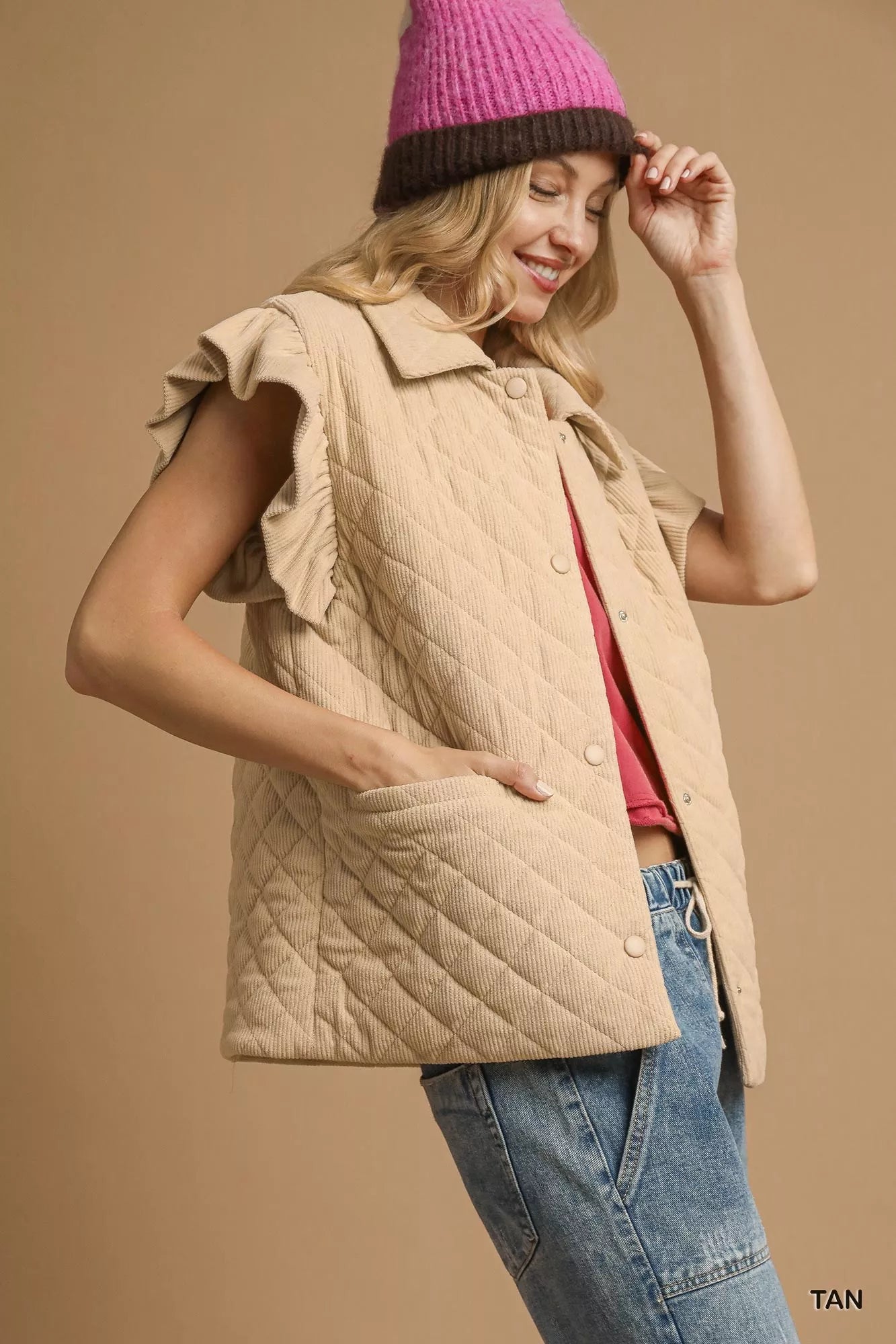 Umgee beige quilted corduroy vest with ruffled sleeves and buttons