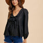 Annie Wear Black Tie Front Peplum Long Sleeve Denim Top - DAVERRI FASHIONS