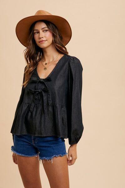 Annie Wear Black Tie Front Peplum Long Sleeve Denim Top - DAVERRI FASHIONS