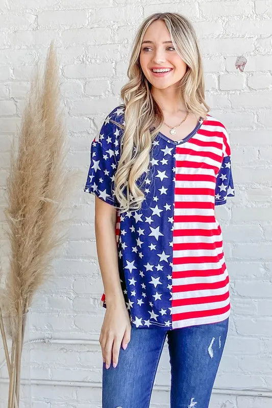 And The Why American Flag Short Sleeve Top RED NAVY Tops